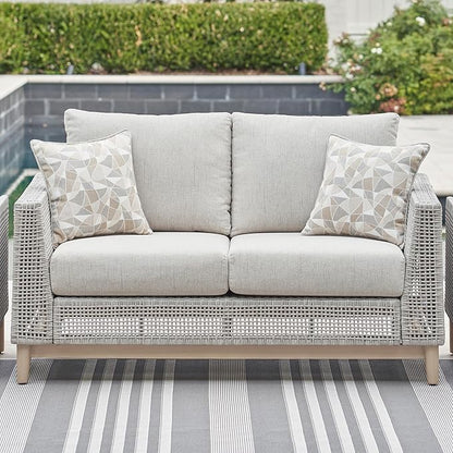Signature Design by Ashley Seton Creek Cottage Nuvella Weather Resistant Fabric Outdoor Loveseat with Cushion and 2 Throw Pillows, Light Brown & Light Gray