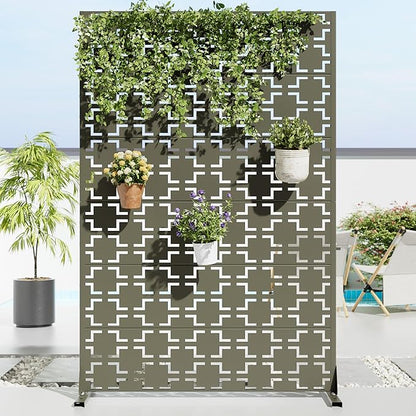 Casaphoria Metal Privacy Screen Outdoor, 72" H x 47" W Freestanding Decorative Privacy Screen for Patio Deck Balcony Garden with Stable Base, Grey-Square