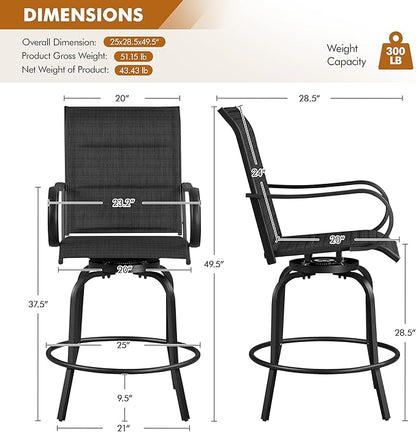 Yaheetech 2 Piece Patio Swivel Bar Stools Texteline Bistro Chairs with High Back/Armrest/Footrest, All Weather Padded Seating Outdoor Furniture Height Outdoor Chairs for Outside, Lawn & Garden