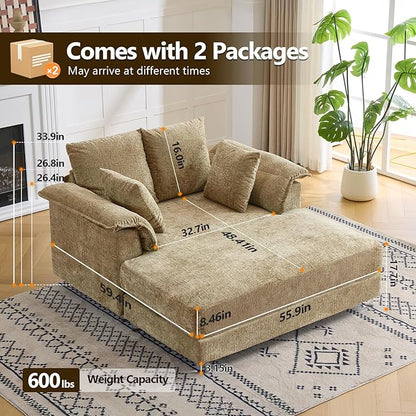 VINGLI Modern Floating Chaise Lounge Chair with LED Lights & Acrylic Legs, Upholstered Cushion Deep Seat Lounge Sofa with Iron-Wood KD Frame, Pillow Armrest Accent Chair for Living Room, Apartment