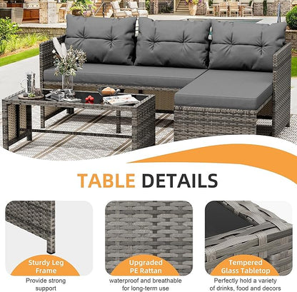 Shintenchi 3-Piece Outdoor Patio Furniture Sets, Wicker Patio Conversation Sets, All Weather Wicker Rattan Patio Seating Sofas with Glass Coffee Table and Cushion, Gray