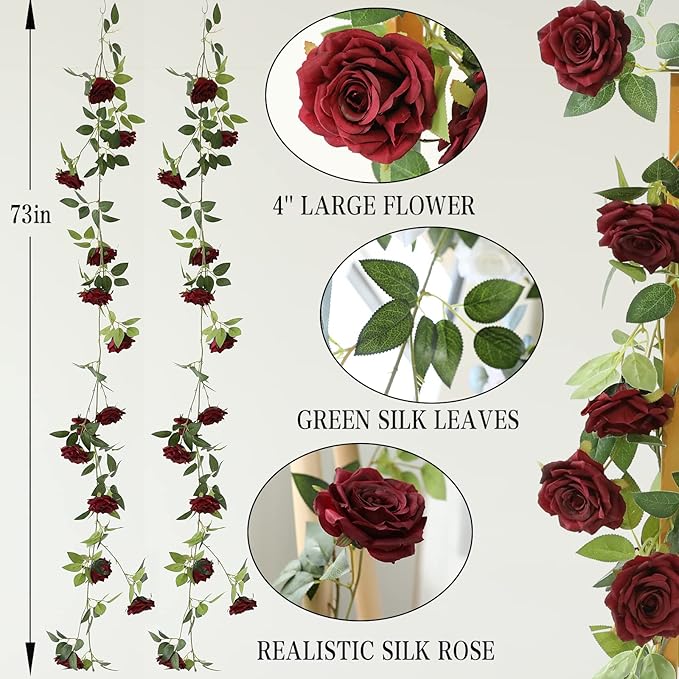 Artificial Silk Rose Garland Vines, 2 Pack 73 Inch, Burgundy