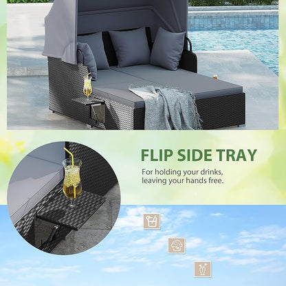 ORALNER Outdoor Daybed, 2-Person Wicker Patio Sofa with Retractable Canopy, Cushions & Pillows, 2 Side Trays, PE Rattan Double Sunbed Lounger for Deck Poolside Backyard Garden Balcony (Gray)