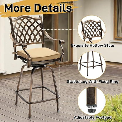 VINGLI 3 Piece Outdoor Patio Bar Set, Cast Aluminum Outdoor Swivel Bar Stools and Table w/Umberlla Hole, All-Weather Outdoor Bar Table and Chairs High Top Bistro Set w/Cushions (Grid Back)