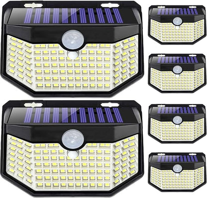 HMCITY 120 LED Outdoor Solar Lights with Motion Sensor and 3 Lighting Modes, IP65 Waterproof Wide Solar Wall Lights Ideal for Garden Patio Yard (Front Button 6Packs, Black Shell-Daylight White)