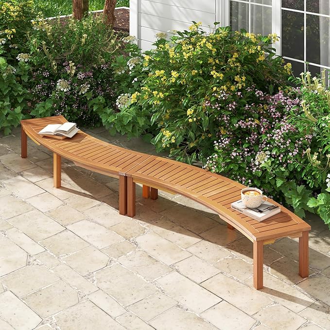 Tangkula Outdoor Curved Bench, Acacia Wood Fire Pit Bench w/Slatted Seat, Patio Backless 2-Person Seating for Porch, Yard, Garden, 800 LBS Max Load, Oil Painted (2, 58")