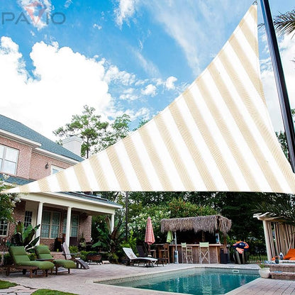 Patio Paradise 18' x 18' x 18' Sun Shade Sail Triangle Canopy Shade Cloth Fabric Sunlight Block Patio Pergola Cover HDPE Deck Awning for Outdoor Backyard Roof Shading, Beige White Strip