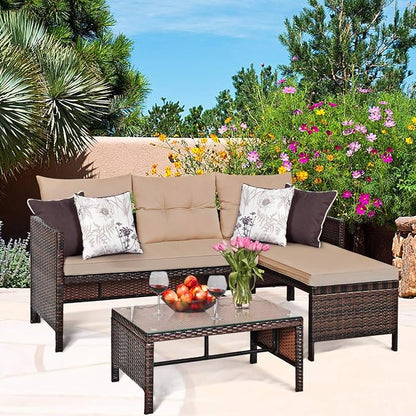 Conversation Set 3 Piece Brown Wicker Corner Patio Sofa with Table