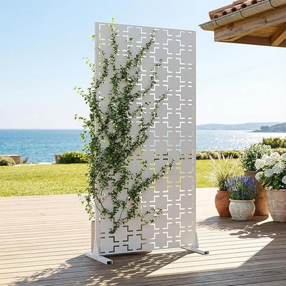 Casaphoria Metal Privacy Screen Outdoor, 72" H x 35" W Freestanding Decorative Privacy Screen for Patio Deck Balcony Garden with Stable Base, White-Square