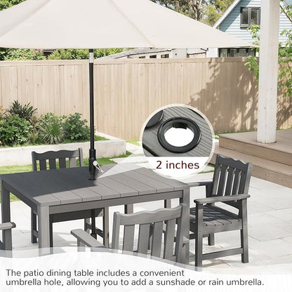 Stoog All-Weather Patio Dining Table for 4, HIPS & Aluminum Frame Outdoor Dining Table with Umbrella Hole, for Garden, Backyard and Lawn, Grey