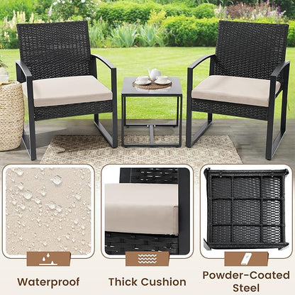 3 Piece Wicker Patio Bistro Set, Rattan Conversation Set with Coffee Table, for Balcony, Porch, Garden, Yard, Poolside, Black Frame with Beige Cushion