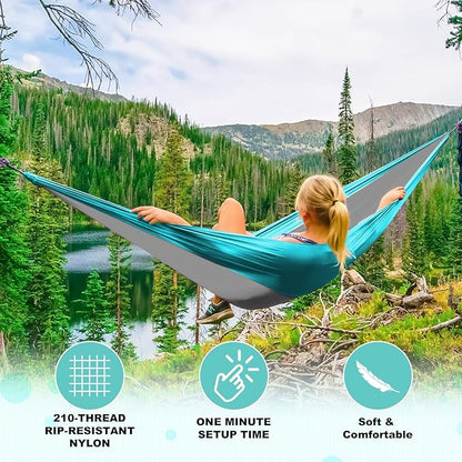SZHLUX Camping Hammock Double & Single Portable Hammocks with 2 Tree Straps and Attached Carry Bag,Great for Outdoor,Indoor,Beach,Camping,Light Grey / Sky Blue