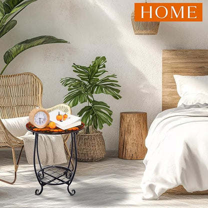 Outdoor Side Table Round Small Mosaic Patio Accent Indoor End Plant Coffee Tea Table for Yard Patio Porch Garden Living Room, Bedroom(Pumpkin Style,14 Inch)