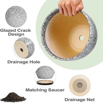 Ceramic Planter - 6.3 Inch Plant Pot for Indoor Ourdoor Plants, Round Succulent Planter, Decorative Flower Pots with Drainage Hole and Saucer, Home Desk Decor, Housewarming Gifts, White-black