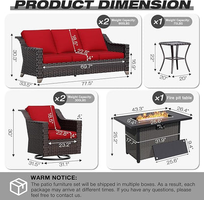Joyside Wicker Patio Furniture Sets, 6 Pieces Upgraded Large Size Outdoor Furniture with Swivel Rocking Patio Chairs, Two 3-Seat Sofa, Fire Table, Coffee Table, Thick Cushions, Wide Armrest, Red