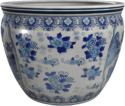 Red Lantern Oriental Furniture 16" Ladies Blue & White Porcelain Fishbowl, Large