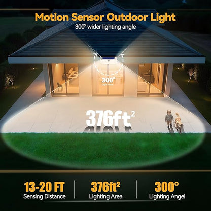 TECKNET 461 LED Solar Powered Outdoor Lights, 270° Angle & 3 Lighting Modes Motion Sensor Light Outdoor, Security Solar Lights Waterproof - 2 Pack, White Color & Warm Light