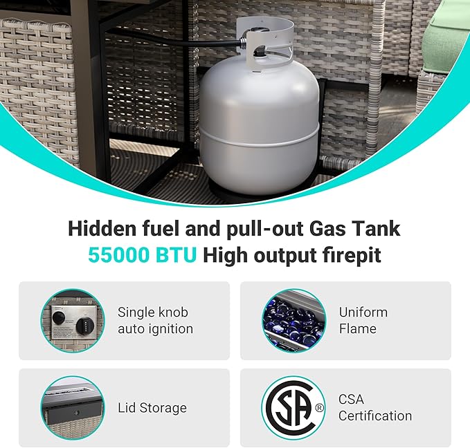 10-Piece Outdoor Patio Furniture Set with Rocking Swivel Chair, PE Wicker Rattan Sectional Sofa Patio Conversation Set with 55,000 BTU Fire Pit Table & Coffee Table, Light Green