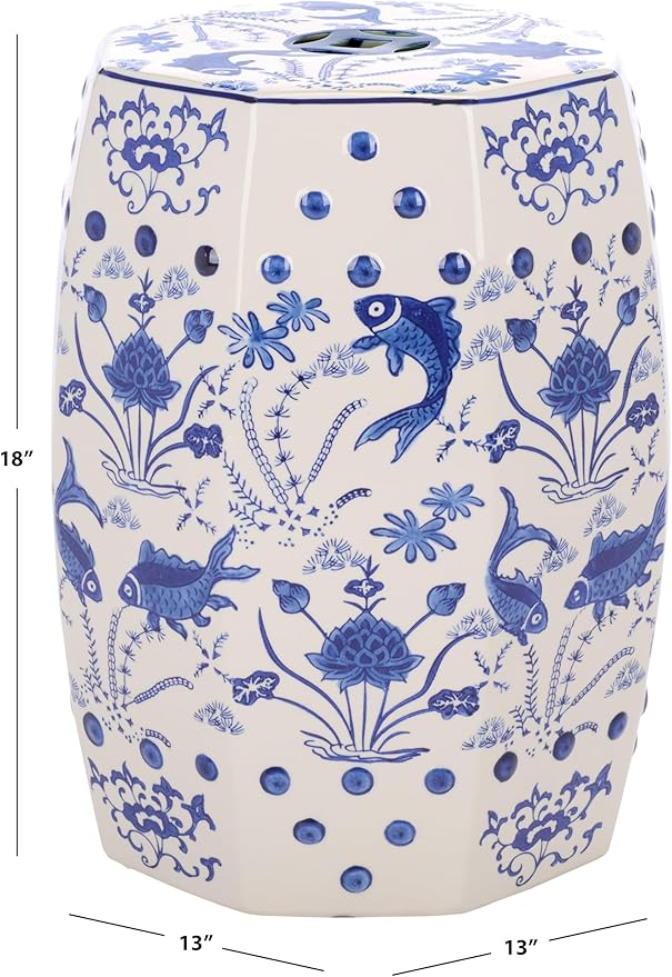 Decorative Garden Stool with Blue Ceramic Seat and Stone Frame