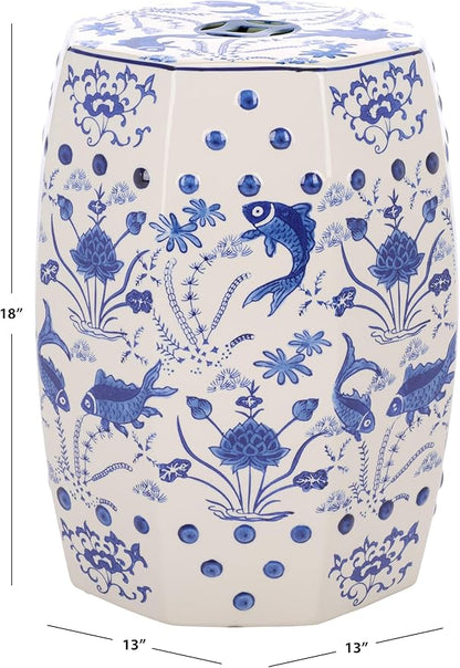 Decorative Garden Stool with Blue Ceramic Seat and Stone Frame