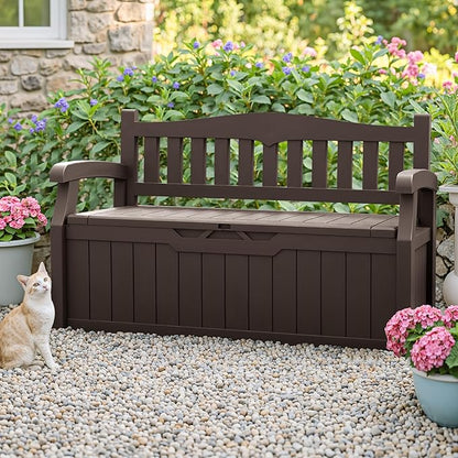 Storage Bench, 75 Gallon Brown Outdoor Deck Box with Padlock Holes