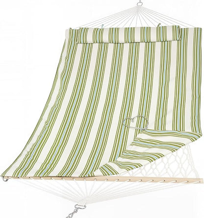 SUNCREAT Portable 2 Person Hammock with Hardwood Spreader Bar, Cotton Rope Outdoor Hammock with Polyester Pad, Green&Beige