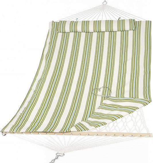SUNCREAT Portable 2 Person Hammock with Hardwood Spreader Bar, Cotton Rope Outdoor Hammock with Polyester Pad, Green&Beige