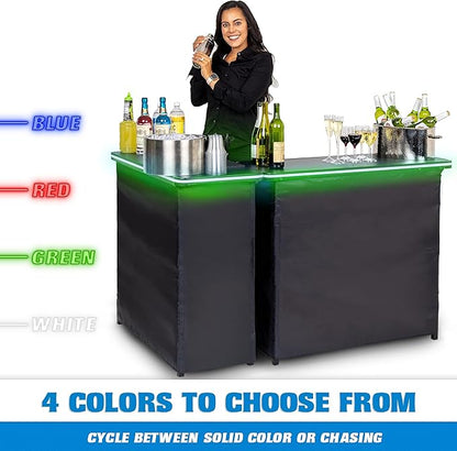 GoBar Portable Double Bar Table Set with Multi-Color LED Lights - Mobile Bartender Station for Events - Includes Carrying Case
