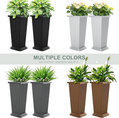 Tall Black Planters Outdoor Set of 2, Large Outdoor Tall Planters Pots with Tray, Modern Tapered Flower Planter for Front Porch, Patio, Garden (24", Ribbed)