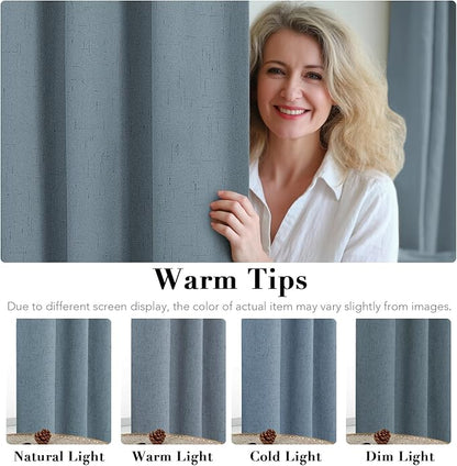 H.VERSAILTEX Linen Blackout Curtains Durable Thick Textured Linen Look 100% Blackout Patio Door Curtain Anti Rust Grommet Extra Wide Sliding Door Curtain Panel, W100 x L96 inch - Stone Blue