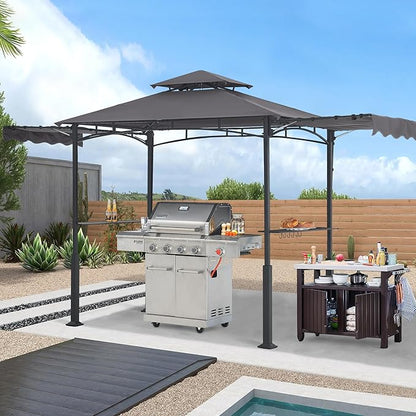 ABCCANOPY Grill Gazebo with 2 Side Awnings - 14x5 Outdoor BBQ Canopy Shelter with 2 Led Lights for Patio Backyard Grilling (Dark Gray)