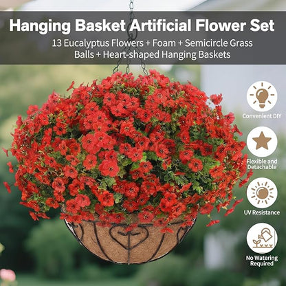 Artificial Hanging Flower for Outdoors, Fake Hanging Basket for Outside,1 Hanging Basket with 13 Pcs Faux Silk Flowers for Porch, Balcony and Patio Decor(Red)