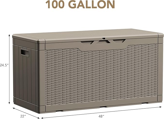 Deck Box, 100 Gallon Resin Lockable Light Brown