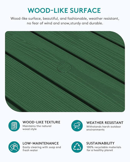 SERWALL Outdoor Coffee Table with 9FT Umbrella, HDPE Patio Coffee Table for Outside, Rectangle, Green(Not Include Umbrella Base)