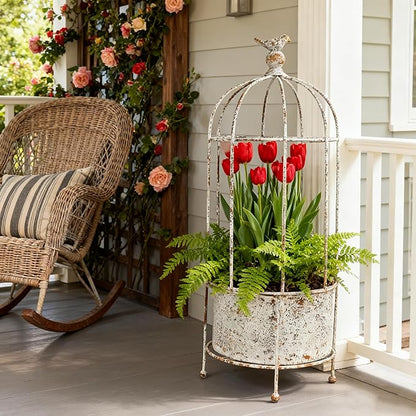 Planter Metal Birdcage Stand in White, 21.7 Inches Tall