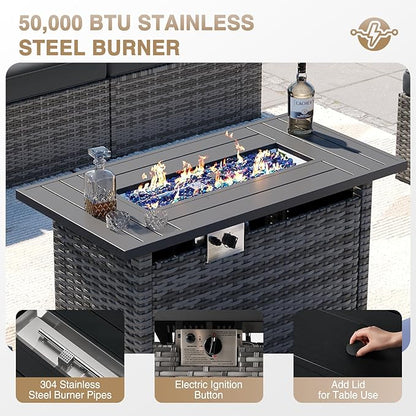 Aoxun Patio Furniture Sets, 8-Piece Outdoor Patio Furniture with 44'' Propane Gas Firepit Table, Wicker Outdoor Conversation Set Sectional Sofa for Backyard, Poolside, Garden