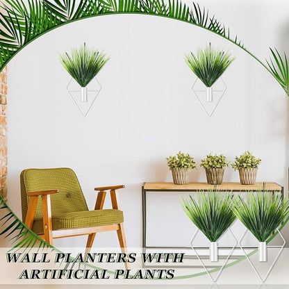2 Pieces White Wall Decor Hanging Planters with Artificial Plants Metal Hanging Vase Indoor Plants Holder Modern Geometric Wall Art for Bathroom Bedroom Living Room Decor(Aquatic Plant)