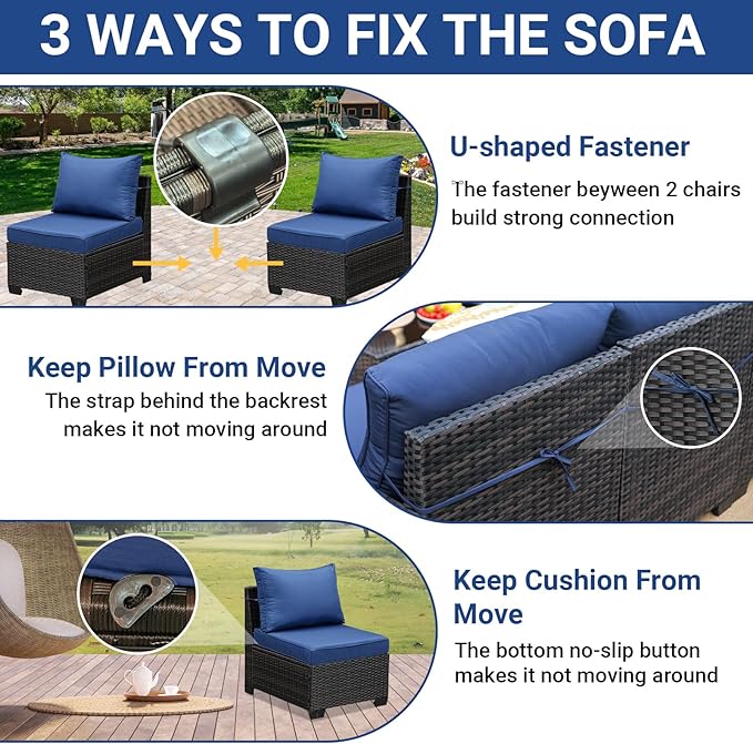 Jing's Villa 5-Piece Patio Furniture Set, All-Weather Outdoor Wicker Sectional Sofa with Cushions, Tempered Glass Table & Ottoman,Rattan Conversation Seating for Porch, Garden, Backyard,Navy
