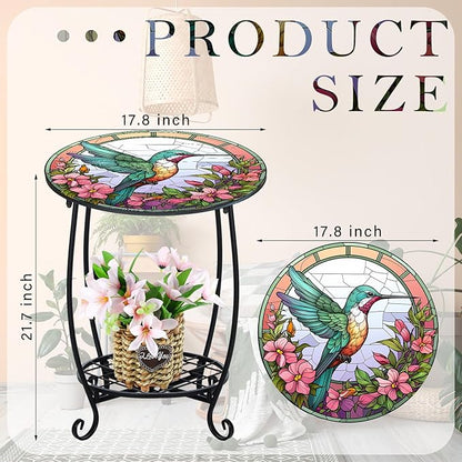 Outdoor Side Table Round Small Mosaic Patio Accent Indoor End Plant Coffee Tea Table for Yard Patio Porch Garden Living Room, Bedroom(Hummingbird Style,18 Inch)