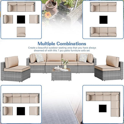 Shintenchi 7 Pieces Outdoor Patio Sectional Sofa Couch, Silver Gray PE Wicker Furniture Conversation Sets with Washable Cushions & Glass Coffee Table for Garden, Poolside, Backyard (Khaki)