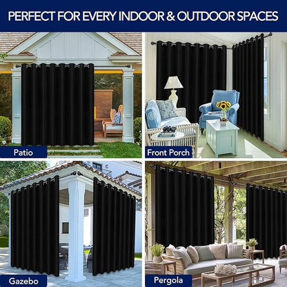 PureFit Outdoor Curtains for Patio Waterproof Weatherproof, UV Resistant Outside Curtains for Gazebo, Front Porch, Pergola, Sun Blocking Privacy Curtain, 120W x 95L inch, 1 Panel, Black