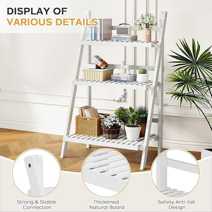 Bamboo Bookshelf 3-Tier Ladder Shelf, 39.4” Freestanding Open Bookcase Book Shelf Bathroom Storage Shelf Unit Plant Stand for Small Space, Living Room, Bedroom, Home Office, White