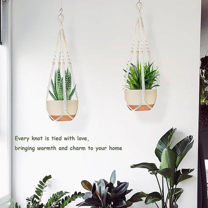 35 Inch Macrame Plant Hanger Indoor with Wood Beads and No Tassels,Strong Hanging Planter Flower Pot Holder for Indoor Outdoor Boho Home Decor,Set of 2,Ivory(Pots Not Included)