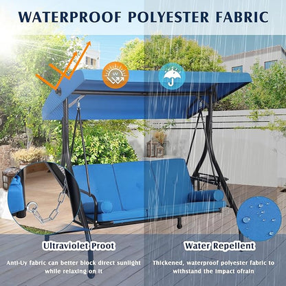 Grepatio Outdoor Porch Swing with Canopy and Stand, 3 Person Patio Swing for Adults, Convertible 2 in 1 Porch Bed Swing with Cup Holder, 3 Seat Swings with 2 Pillow Cushions for Garden, Yard (Blue)