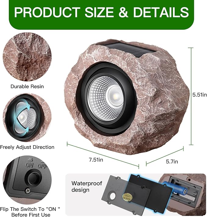 4 Pack Solar Rock Lights Outdoor, Angle Adjustable Solar Lights Outdoor Waterproof, LED Solar Garden Lights, Auto On/Off Landscape Lighting for Yard Pathway Patio Flower Bed - White Glow (Stone Brown)