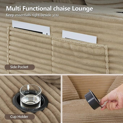 67" Oversized Chaise Lounge Chair Indoor, Soft Boneless Cloud Couch with 3 Pillows, 4 Side Pockets and 2 Cup Holders, Comfy Corduroy Sleeper Couch for Living Room Bedroom