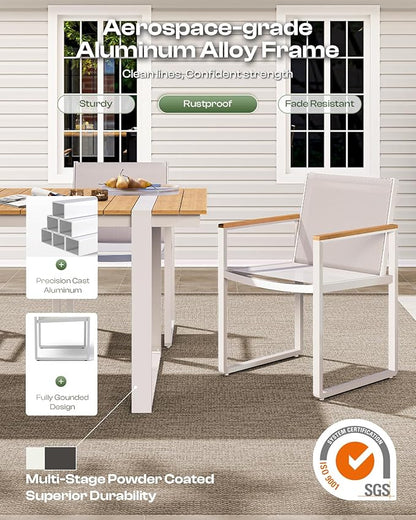 Outdoor Dining Set, HDPS + Aluminum Patio Table and Chairs Set with U-Shaped Base, 7 Piece Outdoor Furniture Set with Umbrella Hole, Patio Dining Table Set for Garden, Backyard (White-Teak)