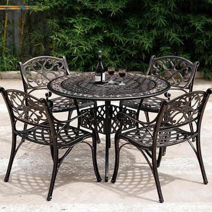 41" Round Patio Dining Table with Umbrella Hole, Outdoor Cast Aluminum Bistro Conversation Outdoor Table for Backyard Porch Pool Balcony Deck