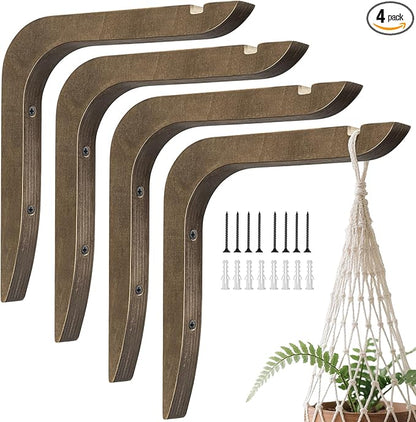 USION Wooden Plant Hangers Indoor Wall Mount, 8.6-Inch Hanging Plant Hooks for Wall, Basket Hooks for Lanterns, Flower Bracket, Wind Chimes, Light, Bird Feeders Decoration (Brown 4PCS)