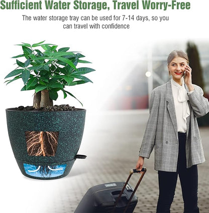 12inch 2Pack Large Self Watering Planters, Plastic Plant Pots with 60oZ Removable Deep Reservoir and Multi Mesh Drainage Holes for Indoor Outdoor Garden Plants and Flowers, Black with Green Speckles